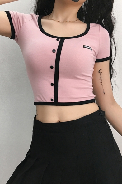 Girls Summer Chic Contrast Trim Scoop Neck Short Sleeve Button Embellished Slim Pink Crop Tee