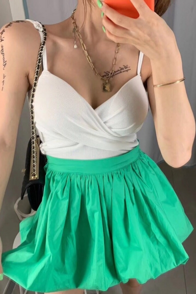 Girls Summer Stylish High Waist Simple Plain Mini Lantern Skirt