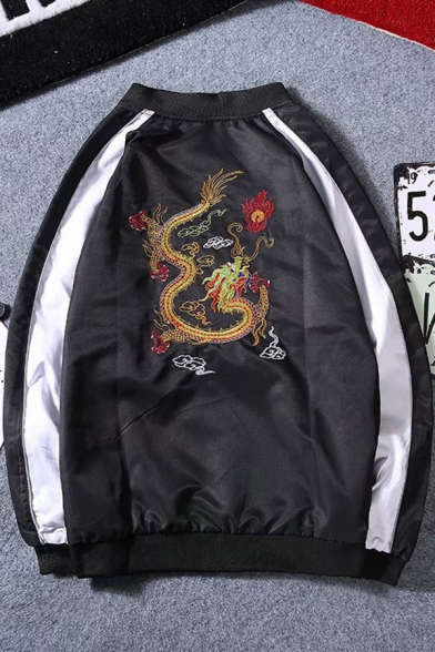 Guys Chinese Style Dragon Totem Embroidery Stand Collar Zip Up Black Baseball Jacket