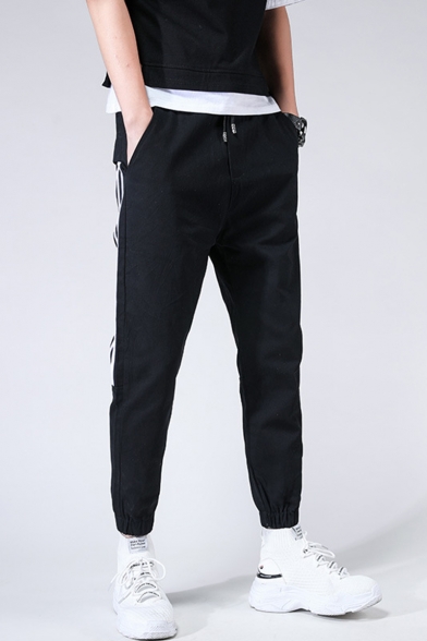 Guys Popular Fashion Contrast Stripe Side Black Cotton Casual Sports Tapered Pants