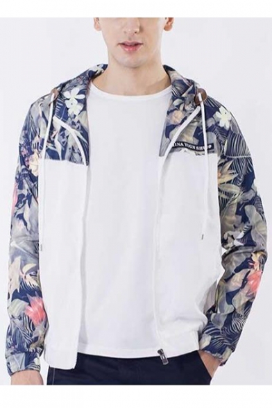 Guys Popular Floral Leaf Patched Long Sleeve Hooded Zip Up Sport Loose Track Jacket