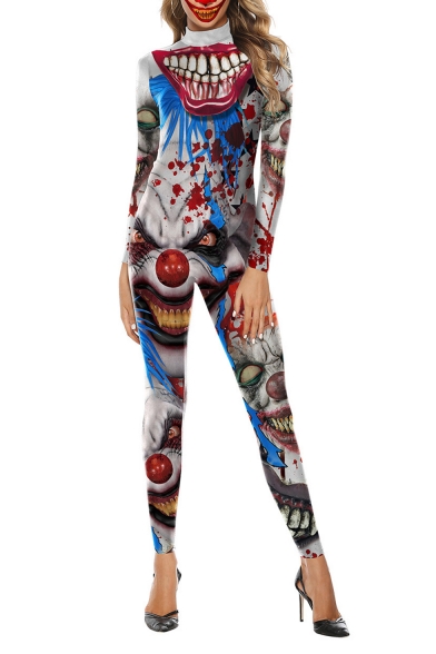 Halloween Stylish Horrible Print Long Sleeves High Neck Fitted Jumpsuits