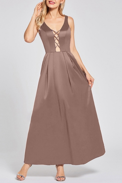 Hot Fashion Sexy V-Neck Cutout Front Sleeveless Maxi Swing Evening Gown Dress