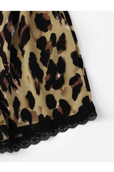 Hot Girls Summer Tan Leopard Print lace Trimmed Plunge V Romper
