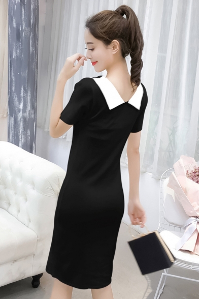 Hot Popular Chic Short Sleeve Button Embellished Contrast Trim Splits Front Midi Straight Dress for Office Lady