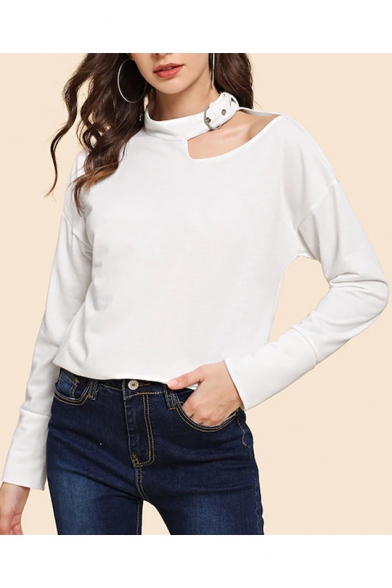 Hot Popular Cutout Halter Neck Long Sleeve Plain White Pullover Sweatshirt