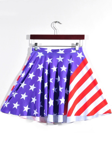 Hot Popular Star Striped Print Girls High Rise Navy Mini A-Line Skater Skirt