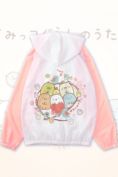 Lovely Cartoon Cat Printed Color Block Zip Up Long Sleeve Hooded Sun Protection Coat Jacket