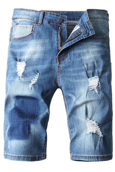 Men's Fashion Popular Ripped Detail Stretch Fit Light Blue Denim Shorts