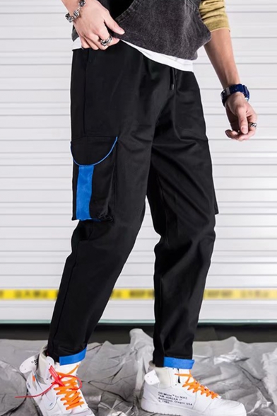 Men's New Fashion Colorblock Flap Pocket Side Drawstring Waist Cotton Casual Cargo Pants