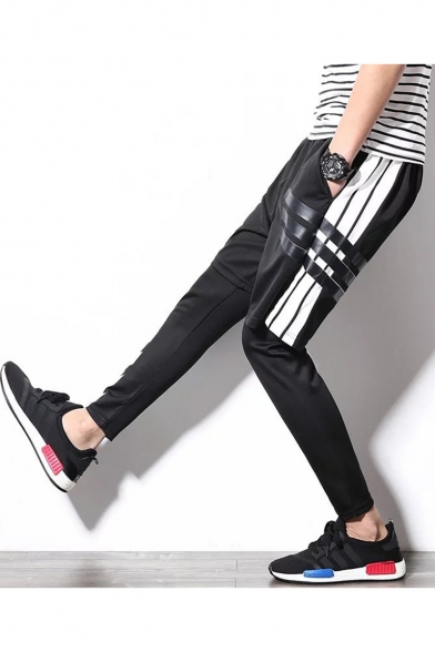 Men's New Fashion Stripe Patched Fake Two Pieces Slim Fit Sports Running Pants