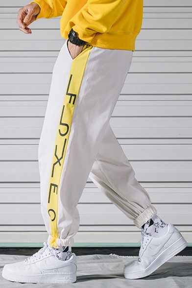 Men's Popular Fashion Colorblock Letter Printed Drawstring Waist Elastic Cuff Casual Loose Outdoor Track Pants