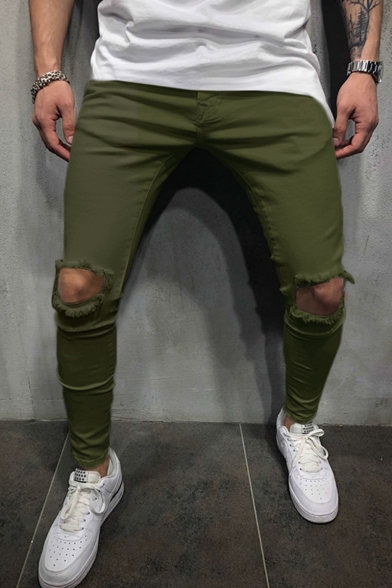 Men's Popular Fashion Knee Cut Simple Plain Casual Frayed Pencil Pants