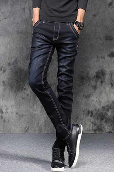 Men's Retro Fashion Simple Plain Rivet Embellished Slim Ripped Jeans
