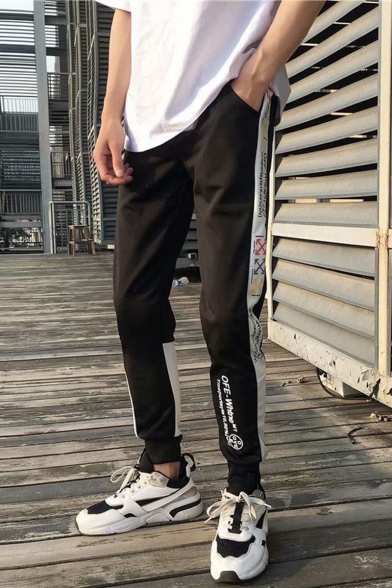 Men's Street Style Colorblock Graphic Printed Loose Fit Black Track Pants
