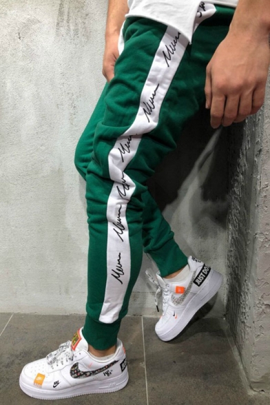 Men's Street Style Colorblock Letter Printed Side Patched Drawstring Waist Slim Fit Casual Cotton Pencil Pants