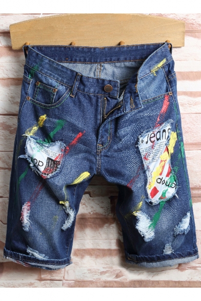 Men's Stylish Letter Patched Printed Destroyed Ripped Detail Blue Zip-fly Denim Shorts