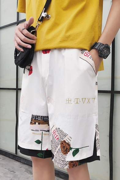 Men's Summer New Fashion Letter Rose Printed Fake Two Pieces Casual Loose Shorts