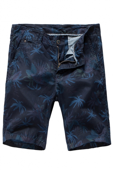 Men's Summer New Trendy Leaves Printed Zip-fly Casual Cotton Chino Shorts