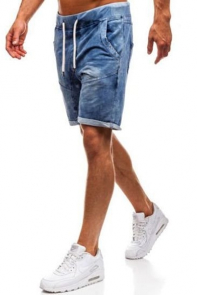 Men's Summer Trendy Vintage Washed Drawstring Waist Blue Casual Denim Shorts