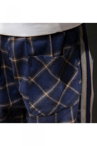 Men's Trendy Plaid Pattern Side Striped Drawstring Waist Elastic Cuffs Casual Tapered Pants