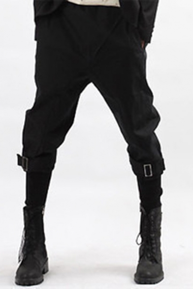 Men's Trendy Solid Color Buckle Detail Black Tapered Pencil Pants