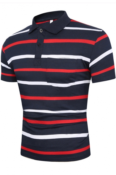 Mens Fashion Navy Striped Two-Button Front Short Sleeve Slim Fit Polo Shirt