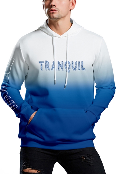 Mens Simple Letter TRANQUIL Print Fashion Ombre Color Blue Sport Loose Hoodie