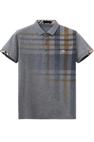 Mens Stylish Ombre Plaid Printed Short Sleeve Casual Fitted Polo Shirt