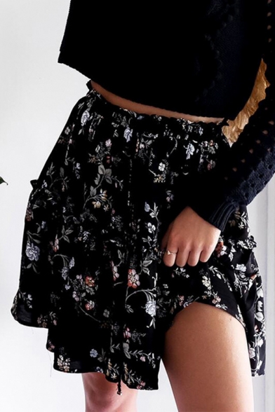 New Arrival Fashion Fancy Black Floral Print High Waist Pleated Mini Skirt for Sweet Women