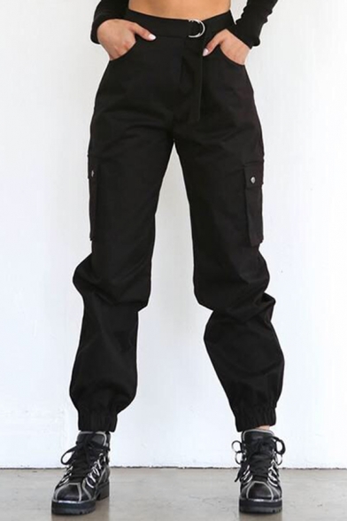 New Arrival Plain High Waist Belt Front Pocket Side Elastic Cuff Cargo Pants