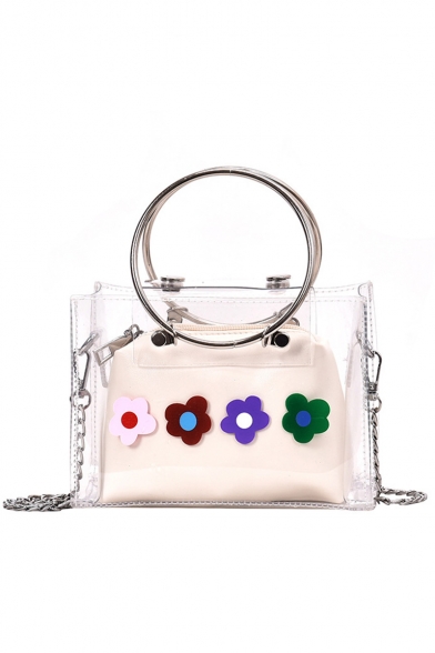 New Fashion Colored Flower Embellishment Ring Handle Transparent Crossbody Satchel Handbag 18*14*7 CM