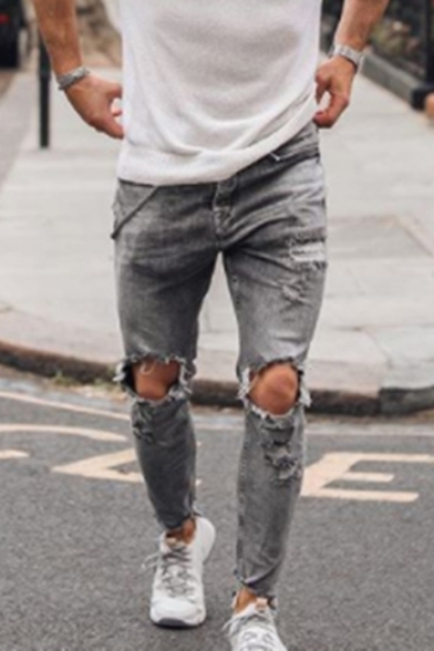 New Fashion Grey Cool Knee Cut Distressed Slim Ripped Jeans with Holes ...
