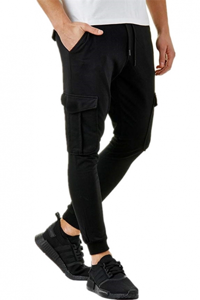 New Fashion Solid Color Drawstring Waist Casual Sports Joggers Sweatpants with Side Flap Pocket