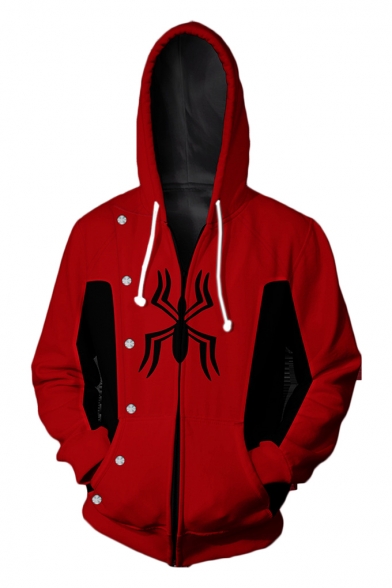 New Stylish Long Sleeve Zip Front Spider Printed Red Hoodie