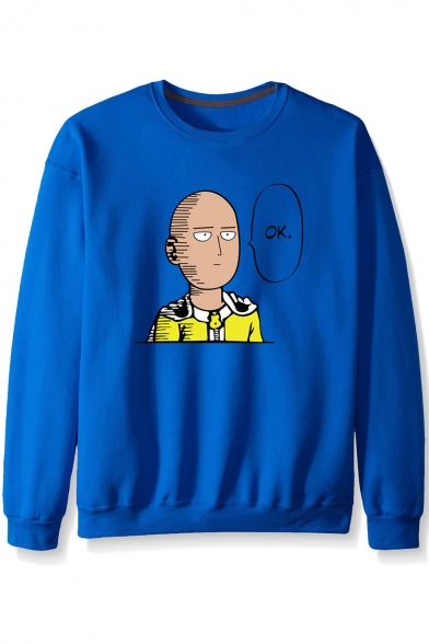 Popular Comic OK Bald Figure Printed Round Neck Long Sleeve Pullover Sweatshirt