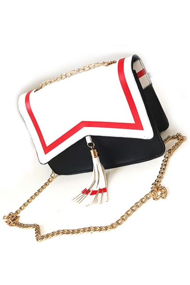 Popular Fashion Cosplay Anime Colorblock Stripe Pattern Tassel Embellishment Black and White Crossbody Bag 20*8*16 CM