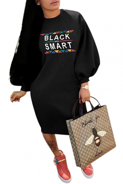 Popular Letter BLACK AND SMART Crewneck Lantern Sleeve Midi Casual Sweatshirt Dress