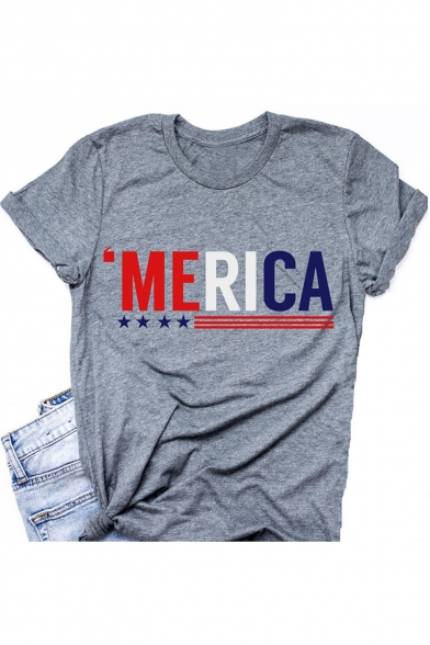 Simple Cool Letter MERICA Print Round Neck Short Sleeve Grey Tee