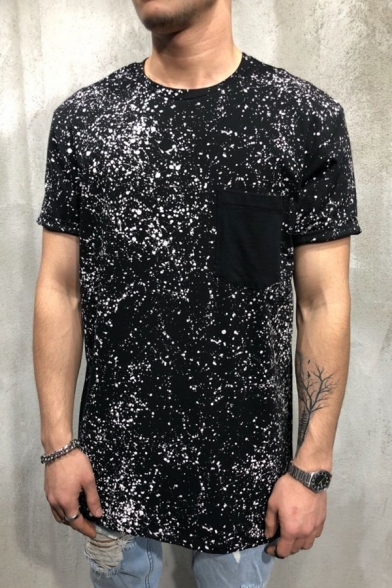 Simple Ink Dot Printed One Pocket Patched Round Neck Short Sleeve Fitted Hipster T-Shirt for Men