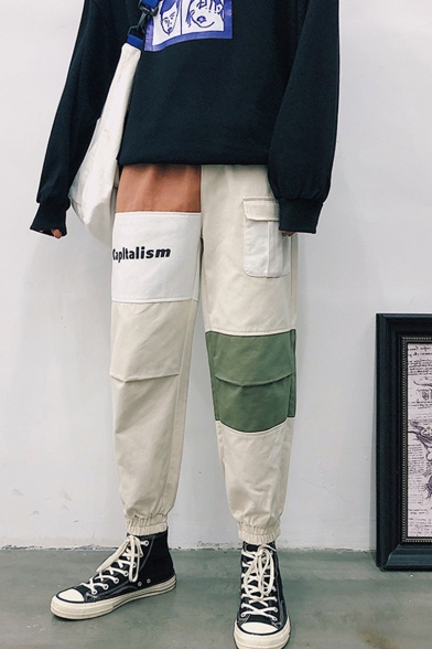 Stylish Color Block Letter CAPLTALISM Print Elastic Cuff Men's Cotton Cargo Pants