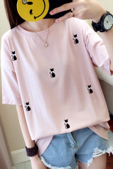 Summer Allover Cat Embroidery Round Neck Loose Casual T-Shirt