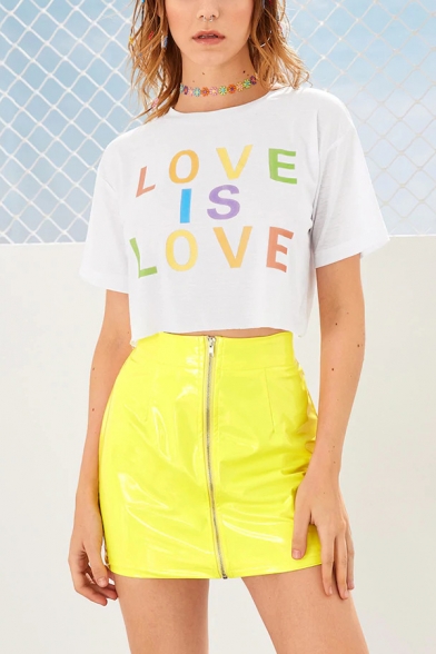 Summer Colorful Letter LOVE IS LOVE Printed Round Neck Short Sleeve White Crop Tee