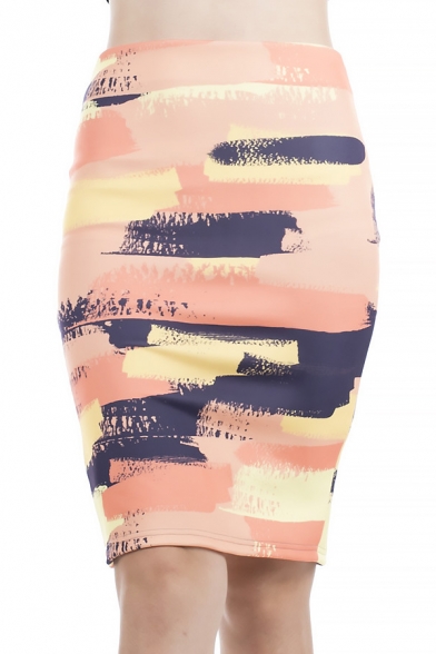 Summer Colorful Painting High Rise Split Back Midi Pencil Bodycon Skirt