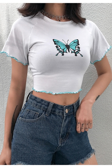Summer Fashion Butterfly Printed Short Sleeve Slim Fit White Crop Tee