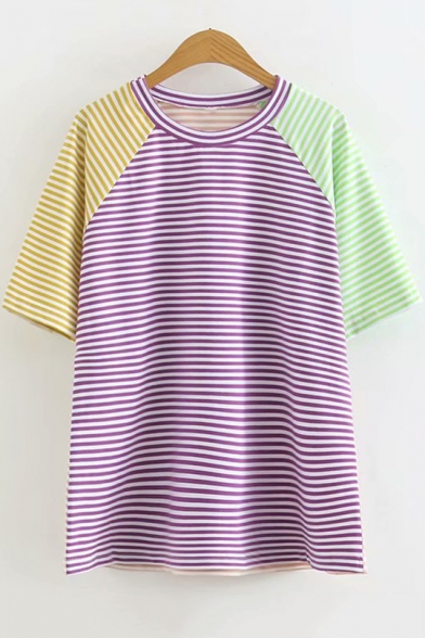 Summer Fashion Color Block Pinstripe Printed Short Sleeve Loose Tee for Girls