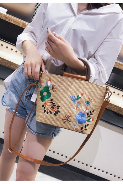 Summer Fashion Floral Embroidery Pattern Straw Beach Bag Satchel Tote Handbag 27*20*9 CM