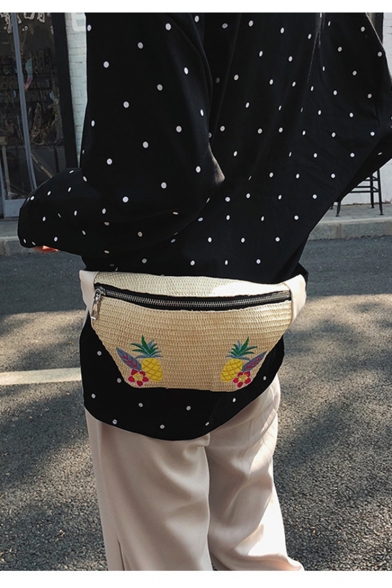 Summer Fashion Pineapple Floral Embroidery Pattern Straw Waist Belt Bag 31.5*12*6 CM