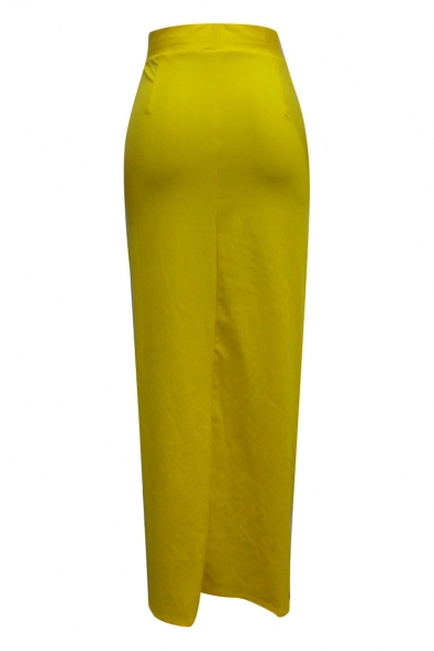 Summer Girls Hot Fashion Chic Yellow&Black Print Split Side Maxi High Waist Skirt
