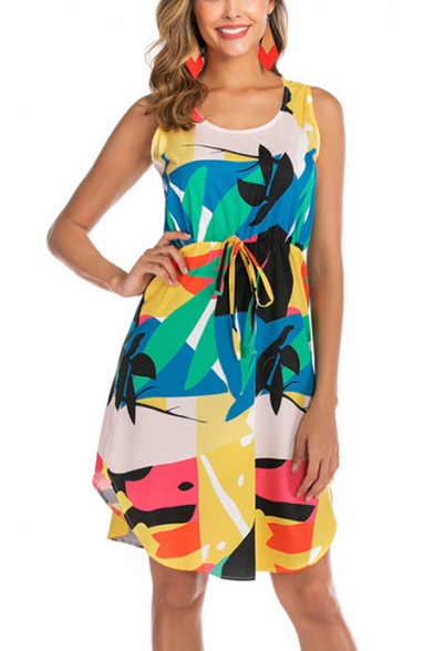 Summer Holiday Tropical Printed Round Neck Sleeveless Drawstring Waist Midi A-Line Tank Dress